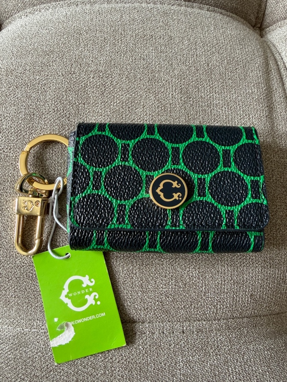 C. Wonder Black & Green Circle Pattern Key Pouch with Gold Hardware